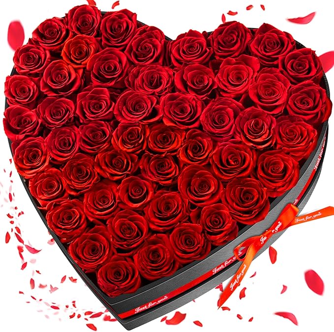 50 Forever Flowers, Preserved Rose in Heart Shape Box, Eternal Roses, Birthday Gifts for Women, Wife, Her, Mother's Day -Red