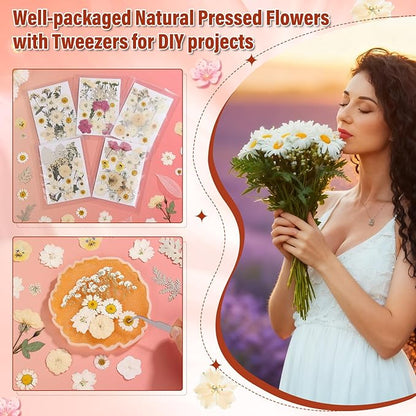 Dried Pressed Flowers for Resin, Real Pressed Flowers Dry Leaves Bulk Natural Herbs Kit for Scrapbooking DIY Art Crafts Epoxy Resin Jewelry Mold Candle Soap Making Nails Décor (White & Pink Floral)