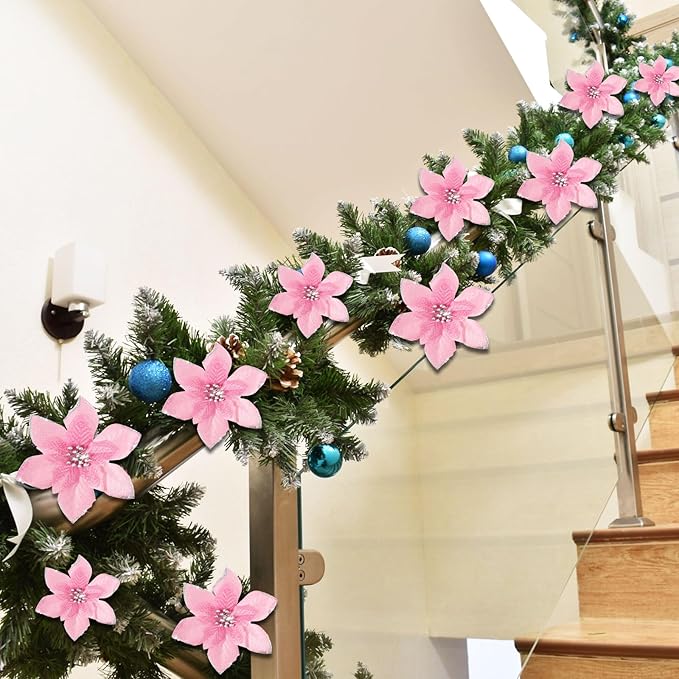 WILLBOND 24 Pcs 3 Size Poinsettia Flower Artificial Christmas Decor Glitter Poinsettia Christmas Ornaments Faux Flowers for Xmas Tree Outdoor(4/6/7.9 Inches,Pink)