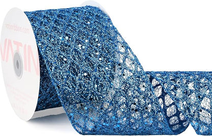 VATIN 4" Blue Christmas Ribbon, Blue Glitter Mesh Diamond Web Sequin Dots Wired Christmas Ribbon for Gift Wrapping Bow Making Wreath Supply-10 Yards