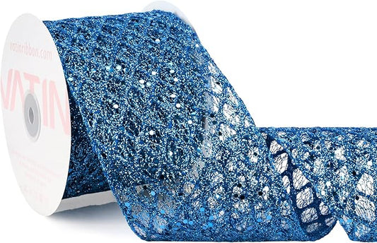 VATIN 4" Blue Christmas Ribbon, Blue Glitter Mesh Diamond Web Sequin Dots Wired Christmas Ribbon for Gift Wrapping Bow Making Wreath Supply-10 Yards