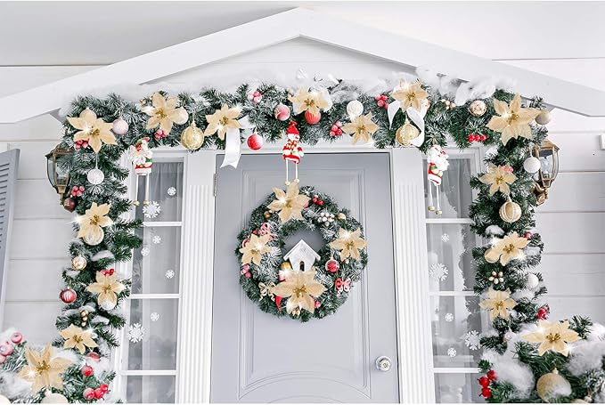 WILLBOND 24 Pcs 3 Size Poinsettia Flower Artificial Christmas Decor Glitter Poinsettia Christmas Ornaments Faux Flowers for Xmas Tree Outdoor(4/6/7.9 Inches,Gold)