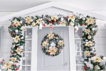 WILLBOND 24 Pcs 3 Size Poinsettia Flower Artificial Christmas Decor Glitter Poinsettia Christmas Ornaments Faux Flowers for Xmas Tree Outdoor(4/6/7.9 Inches,Gold)