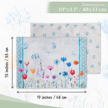 Maison d' Hermine Placemats Set of 4 100% Cotton Washable Cloth Place Mats, Reusable Table Mats for Kitchen Dining Decoration, Party, Restaurant Spring/Summer (Happy Florals - High Summer, 13" x 19")
