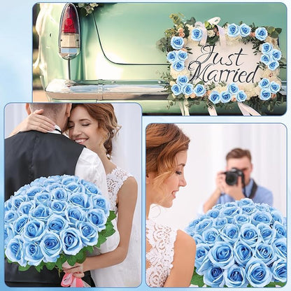 36 Pcs Sky Blue Artificial Roses with Long Stems, Blue Fake Silk Rose Artificial Flowers Bulk for Bridal Wedding Bouquet Centerpiece Ball Arrangement Party Decor