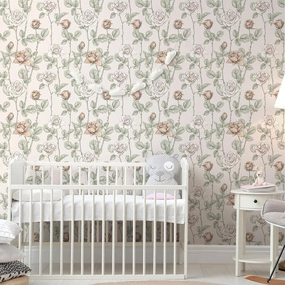 VaryStyle Vintage Beige Floral Wallpaper Elegant Rose Branches Flower Peel and Stick Wallpaper for Bedroom Bathroom 17.7"x118" Self Adhesive Waterproof Vinyl Beige Contact Paper for Cabinets Drawers