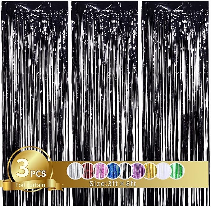 TONIFUL 3Pcs Black Door Streamers,Black Photo Booth Backdrop Metallic Streamers Foil Fringe Curtains for Halloween,Birthday,Christmas,New Year,Bachelorette,Graduation Party Decor(9.9ft x 8.2ft)