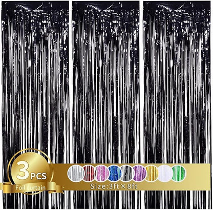 TONIFUL 3Pcs Black Door Streamers,Black Photo Booth Backdrop Metallic Streamers Foil Fringe Curtains for Halloween,Birthday,Christmas,New Year,Bachelorette,Graduation Party Decor(9.9ft x 8.2ft)