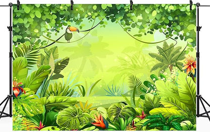 Riyidecor Jungle Safari Backdrop Fabric Polyester Green Animation Kids Rainforest Cartoon Photography Background 7Wx5H Feet Animal Decoration Celebration Props Party Photo Shoot Baby Shower Table