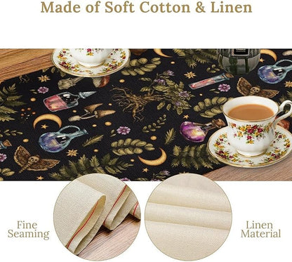 Vintage Mystical Witch Table Runner, Magic Poison Vials Rustic Forest Plants Wild Mushroom Moth Print Table Runner for Kitchen Dining Home Decor Wreath Party Decoration, 13x90inch