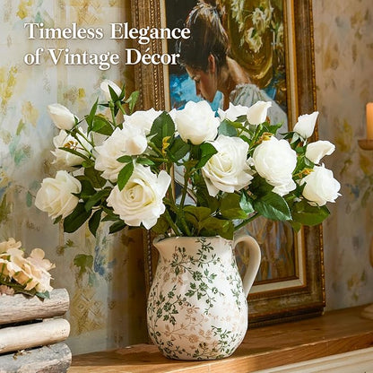 Ceramic Green and White Floral Vase with Handle, Rustic Farmhouse Pitcher Flower Vase, Chinoiserie Floral Vase for Home Decor, Living Room, Shelf, Office, Rustic Table Centerpiece 8 Inch