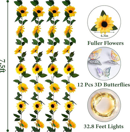 4 Pack Sunflower Garland Decor,7.5ft Artificial Sunflower Vines with Lights,Hanging Fake Silk Flower Garlands for Table Centerpieces Wedding Party Birthday Decorations