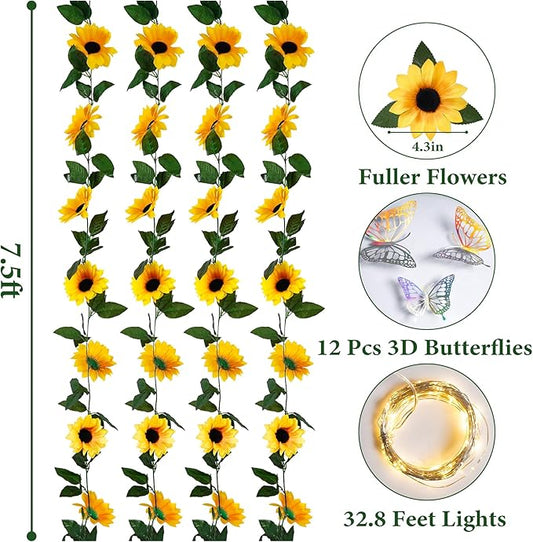 4 Pack Sunflower Garland Decor,7.5ft Artificial Sunflower Vines with Lights,Hanging Fake Silk Flower Garlands for Table Centerpieces Wedding Party Birthday Decorations