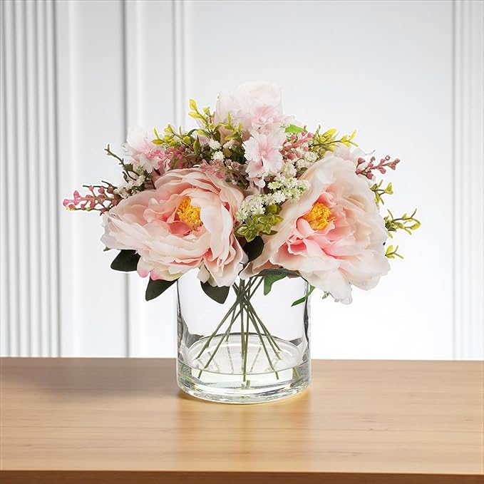 ENOVA FLORAL Artificial Silk Flower Arrangement with Vase,Mixed Artificial Silk Peony Flower in Vase for Decoration Home Office, Wedding Centerpiece (Pink)