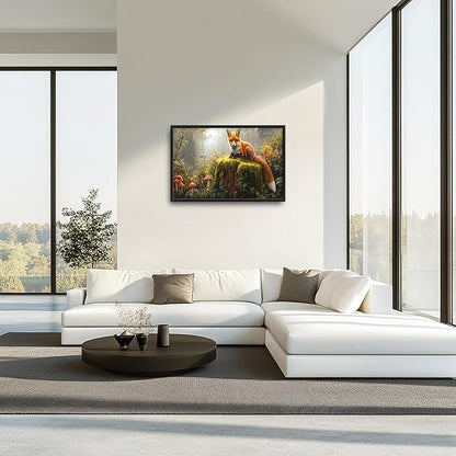 Forest Fox Large Wall Art Framed Rustic Wall Decor for Living Room Fox Mushroom Pictures Oversized Canvas Print Painting Modern Extra Large Framed Artwork for Bedroom Office 36"x24"