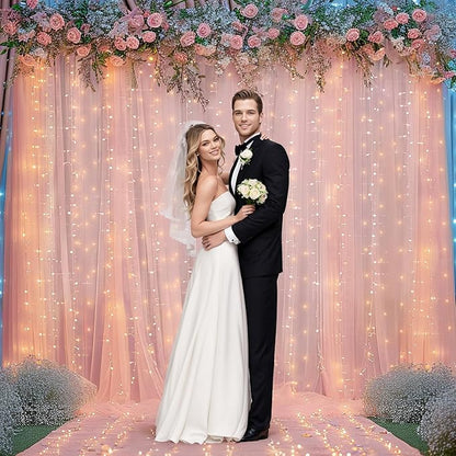 30x10ft Peach Tulle Backdrop Curtain with Lights String for Parites, Sheer Backdrop Curtains for Wedding Baby Shower Birthday Party Photo Shoot Decorations