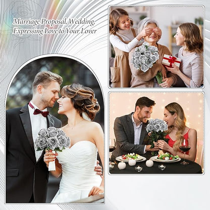Hotop 20 Pcs Artificial Rose Flowers with Long Stem,Real Touch Silk Realistic Plastic Bouquet Roses Bulk for Home Decor Bridal Wedding Party Table Centerpieces Decorations (Silver)