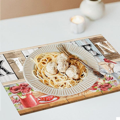 Farmhouse Vintage Kitchen Placemats Rustic Wood Plank Barn Door Retro Strawberry Utensils Knives and Forks Placemats Table Dining Party 12x18 Inch Set of 6