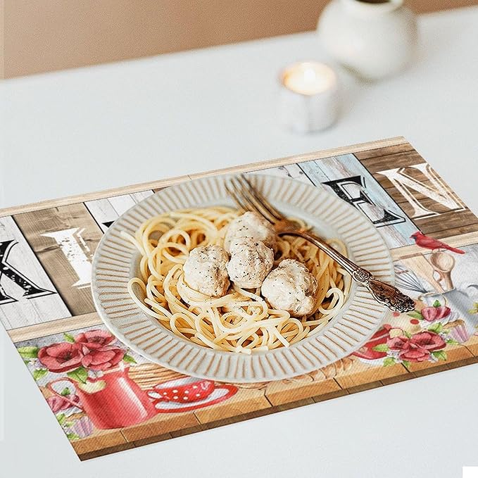 Farmhouse Vintage Kitchen Placemats Rustic Wood Plank Barn Door Retro Strawberry Utensils Knives and Forks Placemats Table Dining Party 12x18 Inch Set of 4