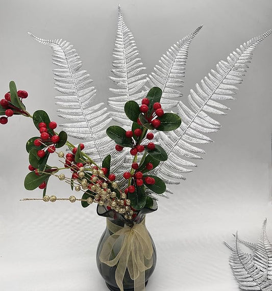 CATTREE Artificial Silver Plants Tall Fern Leaves 23" 10 Pack, Fake Boston Ferns Plant Decorations Plastic Faux Foliage Shrubs Large Leaf for Party Wedding Table Centerpiece Bouquet DIY Silvery Décor