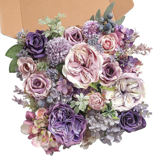 Artificial Flowers Combo Box Set Purple Fake Roses Silk Flowers with Stems for DIY Wedding Bridal Bouquets,Floral Arrangement,Table Centerpieces,Baby Shower,Home Decorations