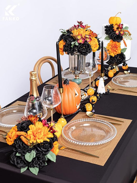 FANKO Artificial Flowers Black Rose: Mixed Fake Silk Flowers Combo Orange Rose & Dahlia Vintage Assorted Blooms for DIY Wedding Bridal Bouquets/Centerpieces/Halloween Decor
