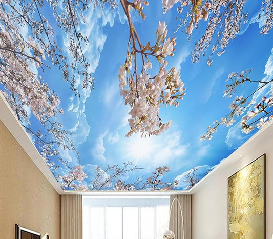 Eierme-Pink Cherry Blossoms and Blue Sky and White Clouds Ceiling Peel and Stick 90" x 67"