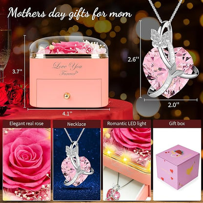 Preserved Pink Real Rose with Necklace Jewelry Box -Eternal Flowers Rose Gifts for Grandma Wife Girlfriend on Valentines Mothers Day Christmas Birthday Anniversary Romantic Gifts for Her