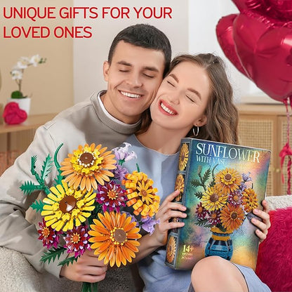 Sunflower Building Blocks with Vase Set for Adults, Christmas Artificial Flower Bouquet Botanical Collection Bricks Anniversary Birthday Gifts for Her Women Men Mom Wife Grandma Home Decor -1065 PCS