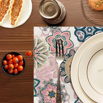 Spring Summer Floral Placemats Set of 6,Washable Heat Resistant 12×18 Inch Linen Table Mats Blooming Flowers Mandala Place Mats for Party Outdoor Dining