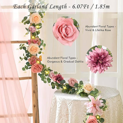Waipfaru Artificial Flower Garland with Lights, 6.07Ft Lighted Eucalyptus Greenery Garland, Pink Rose Floral Vines for Wedding Table Runner Centerpieces Backdrop Decor