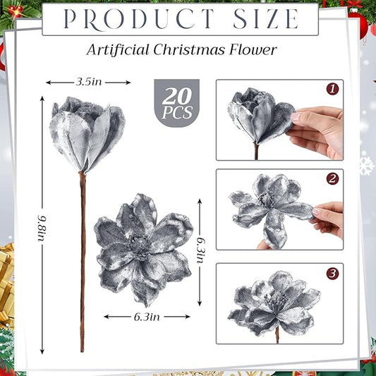 20 Pcs Christmas Glitter Poinsettia Magnolia Flowers Ornaments Large Heads Artificial Magnolia Flowers for Christmas Tree Xmas Wreath Holiday Wedding Decor (Grey)