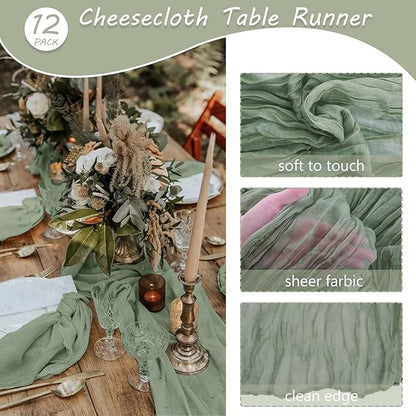 12 Pack 13Ft Cheesecloth Table Runner 35x157 Inch Boho Gauze Table Runner Cheese Cloth Long Rustic Table Runners for Wedding Bridal Shower Birthday Party Table Decor (Dusty Sage Green)