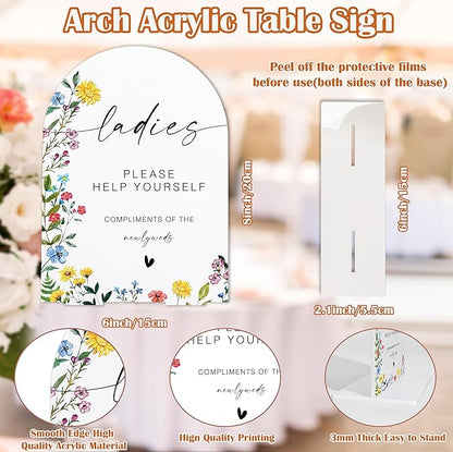 Acrylic Wedding Signs Ladies Please Help Yourself Sign, Wedding Bathroom Basket Supplies, 6x8" Floral Themed Arch Acrylic Table Decor, Love Is In Bloom Decorations for Bridal Shower Baby Shower