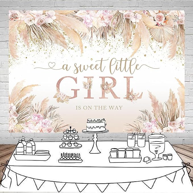 Mocsicka Boho Hello Baby Backdrop Boho Chic Pink Flowers Baby Shower Background Vinyl A Sweet Little Girl is on The Way Party Cake Table Decorations Photo Booth (10x7ft)