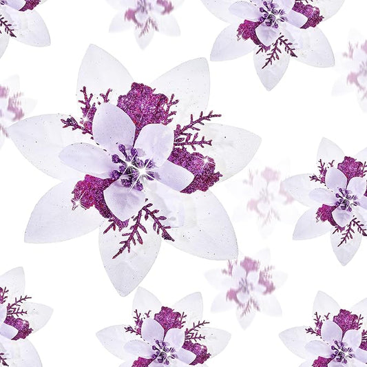 Geosar 24 Christmas Glitter Artificial Poinsettia Flowers Xmas Poinsettia Artificial Wedding Flowers Decorations Xmas Tree Ornaments with Clips for Party Favors, 6 Inch, 4 Inch, 3 Inch (White Purple)