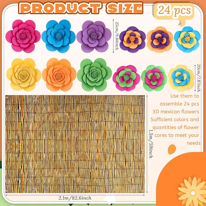 Frienda 36 Pcs DIY Paper Flower Decor Set with 83x59 Inch Custom Background Cloth and Rope, Artificial 3D Flower Wall Decor for Wall Bulletin Board Wedding Halloween Mexican Festive Party (Reed)
