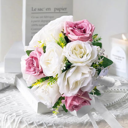 Wedding Bouquets for Bride - Realistic Silk Flowers Artificial Roses, 8 Inch Bridesmaid Bouquet for Ceremony, Church, Anniversary, and Home Decoration (White & Pink)