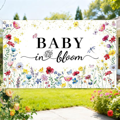 GodMax Baby in Bloom Backdrop Banner, Wildflower Baby Shower Decorations 3 x 5Ft Backdrop Banner Set
