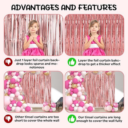 2 Pack Rose Gold Foil Fringe Backdrop Curtains, Tinsel Streamers Birthday Party Decorations, Fringe Backdrop for Graduation, Baby Shower, Gender Reveal, Disco Party