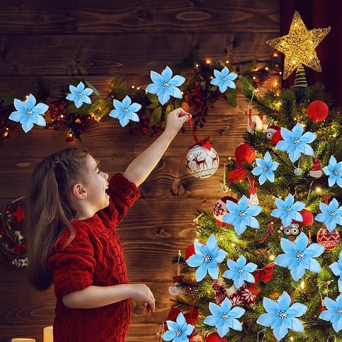 WILLBOND 24 Pcs 3 Size Poinsettia Flower Artificial Christmas Decor Glitter Poinsettia Christmas Ornaments Faux Flowers for Xmas Tree Outdoor(4/6/7.9 Inches,Lake Blue)