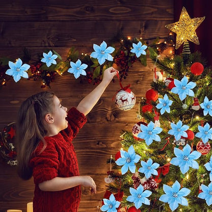 WILLBOND 24 Pcs 3 Size Poinsettia Flower Artificial Christmas Decor Glitter Poinsettia Christmas Ornaments Faux Flowers for Xmas Tree Outdoor(4/6/7.9 Inches,Lake Blue)