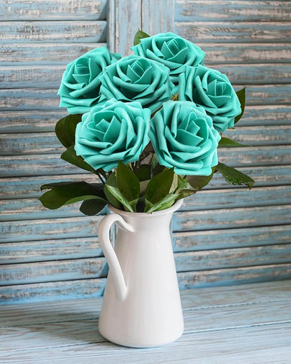 JOYLEX Artificial Flowers Realistic Roses, Real Looking Fake Roses with Stem for DIY Wedding Bouquets Centerpieces Bridal Shower Party Home Romantic Decorations (Turquoise, 100pcs)