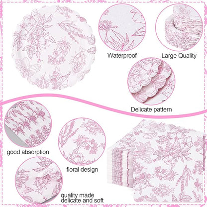 Havawish 400 Pcs Pink Floral Party Plates Disposable Tableware Set for 50 Guest Spring Flower Paper Plates Tea Party Scalloped Plates Napkins Cups for Wedding Party Baby Bridal Shower