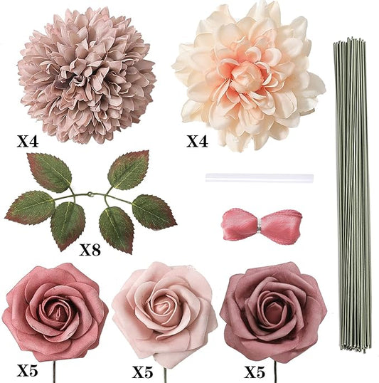 Artificial Flowers Combo Box Set Gradient Color Flower Leaf with Stems for DIY Wedding Bouquets Centerpieces Baby Shower Party Home Decorations（Pink Purple）