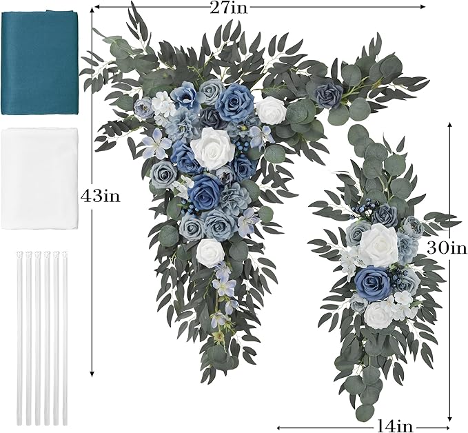 Ting's time Wedding Arch Flowers with Drape Kit (Pack of 4),2pcs Dusty Blue Floral Swags Arrangement and 2pcs Drapes Fabric for Wedding Ceremony and Reception Backdrop Decoration