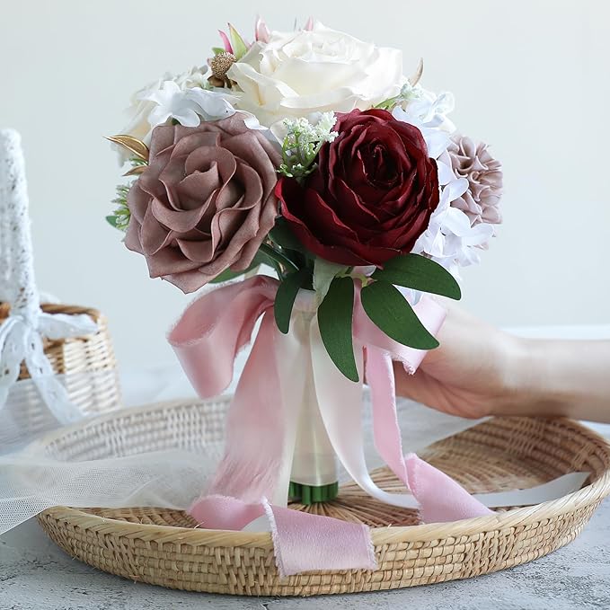ponatia Dusty Rose Wedding Bouquets for Bride Bridesmaid, Burgundy Wedding Artificial Roses Flowers for Wedding Bouquets Ceremony, Anniversary (Burgundy & Dusty Rose)