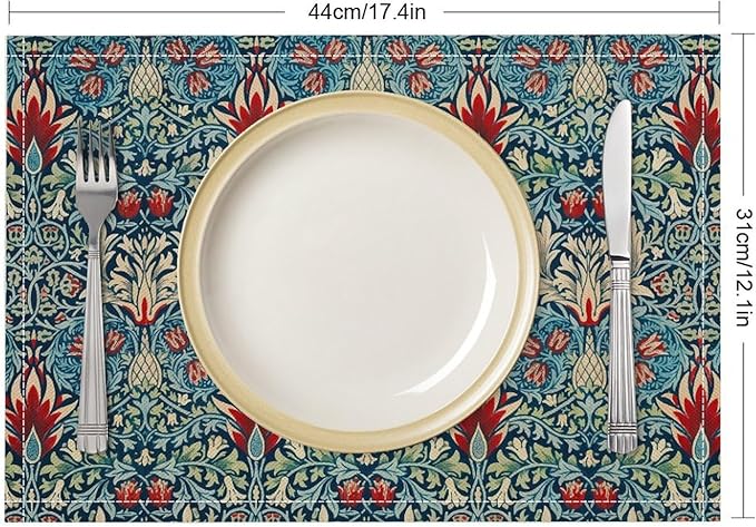 Vintage Flower Placemats William Morris Rural Farmhouse Flowers Art Printed Dining Table Mats Set of 4 for Home Kitchen Holiday Picnic Party Decor 12x18in
