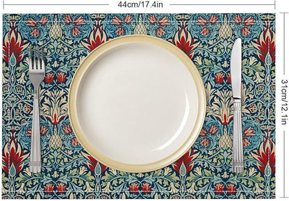 Vintage Flower Placemats William Morris Rural Farmhouse Flowers Art Printed Dining Table Mats Set of 4 for Home Kitchen Holiday Picnic Party Decor 12x18in