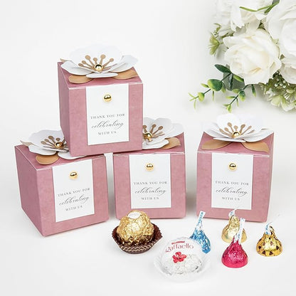 FEIYI 20 PCS Candy Boxes, 3 In 1Dusty Rose Favor Boxes with Floral Decor, White Thank You Tags Gift wrapping for Wedding Birthday Baby Shower Decorations Party -2.55x2.55x2.55''